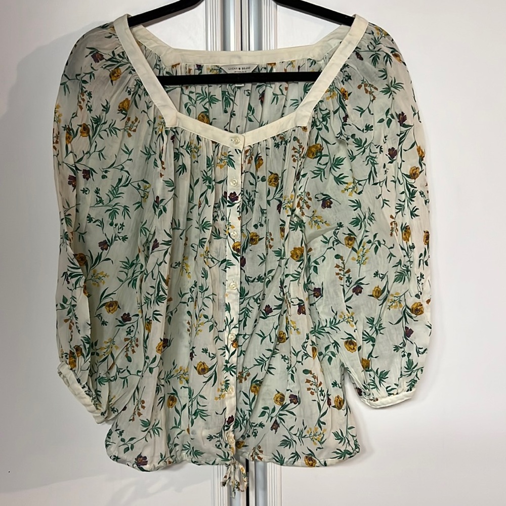 Lucky Brand Floral Peasant Draw String Blouse